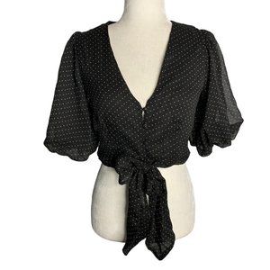 Peach Puff Cropped Polka Dot Top S Black V Neck Buttons Tie Elastic Sleeve